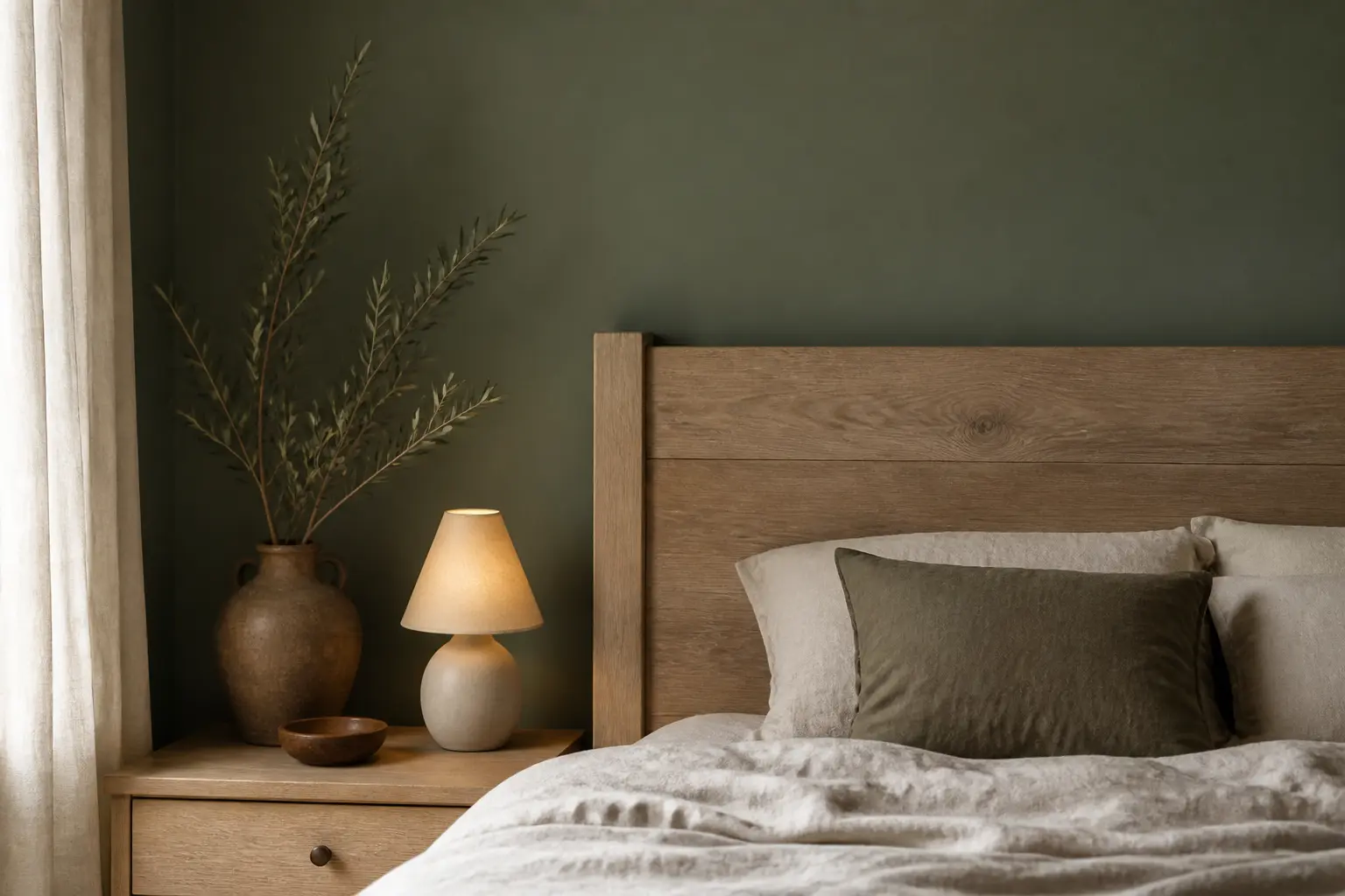 Chambre vert sauge et bois avec mur mat, tête de lit en bois blond et lit en lin aux tons neutres.
