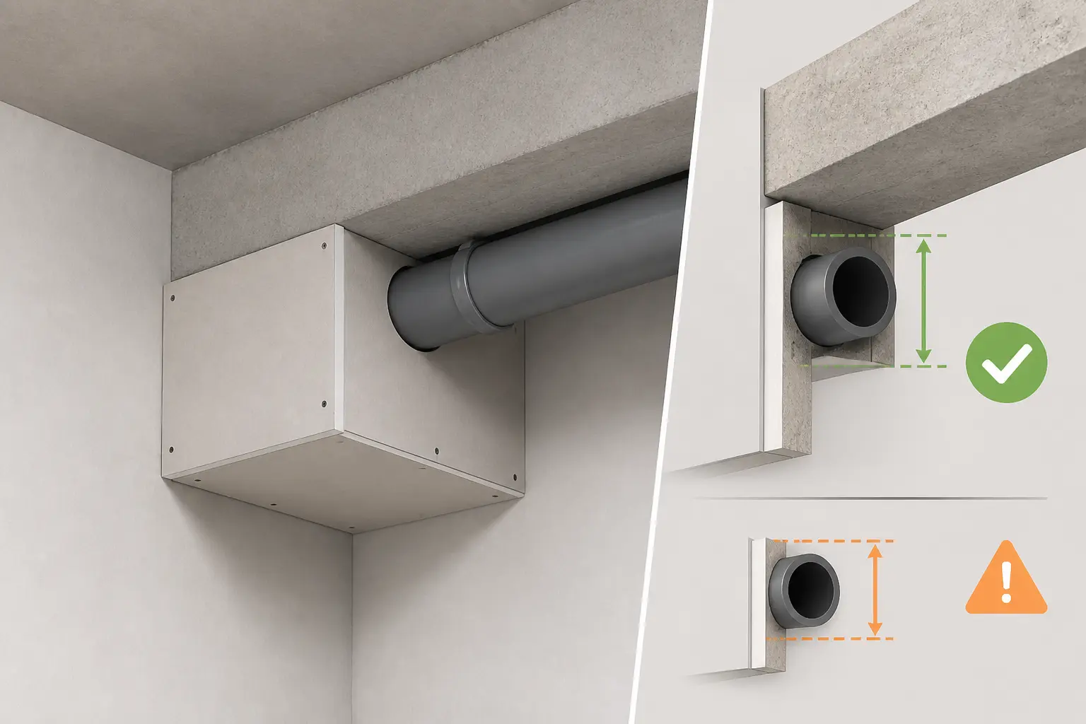 Coffrage placo sans rail autour d’une pipe et d’une poutre basse, avec gain de place et limites visibles.