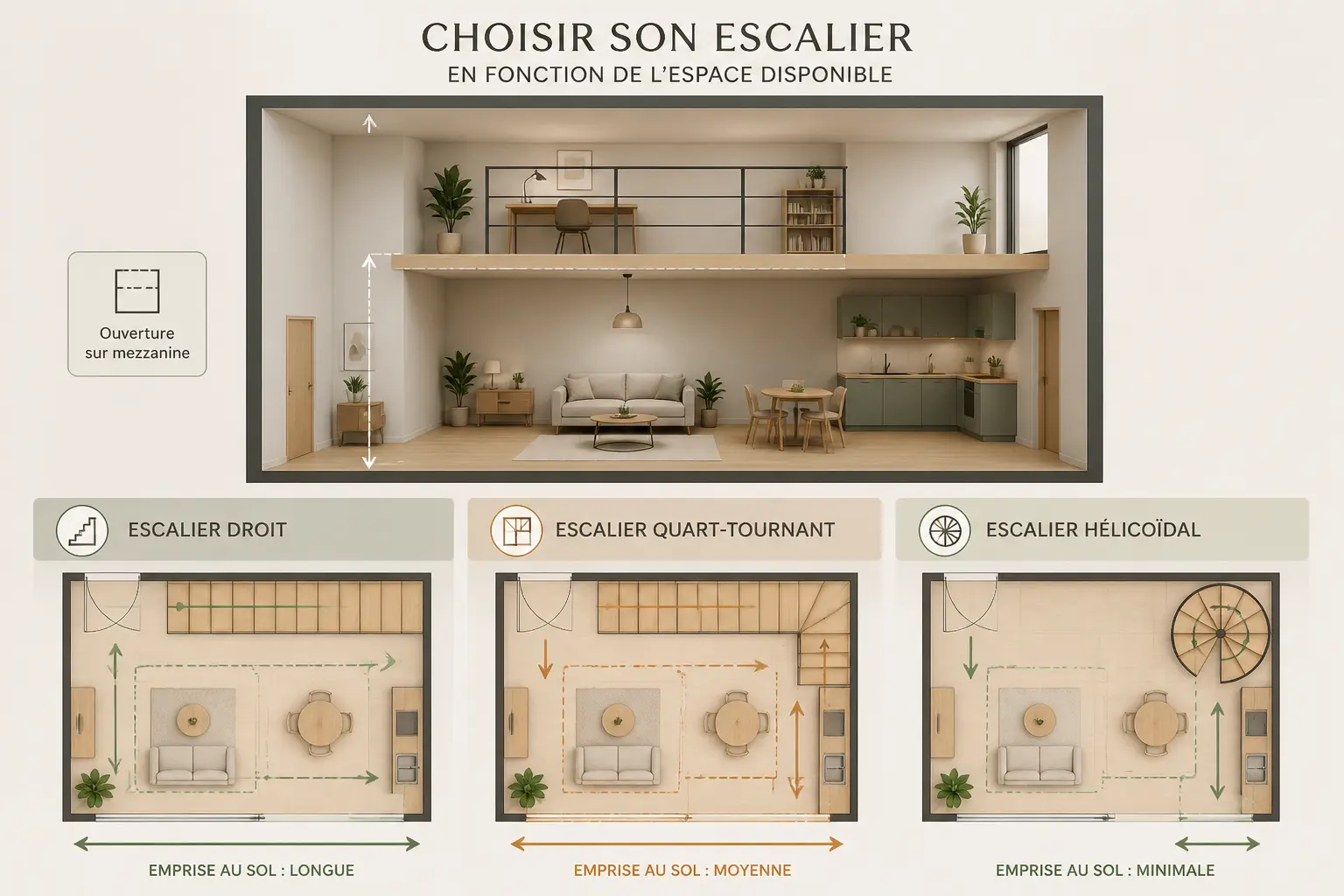 Gain de place escalier : trois options compactes pour petite pièce, droit, quart tournant ou hélicoïdal.