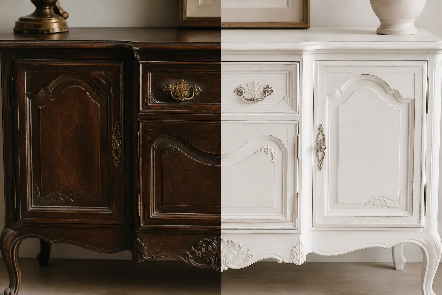 Meuble relooké avant apres : buffet ancien brun transformé en blanc mat avec poignées raffinées