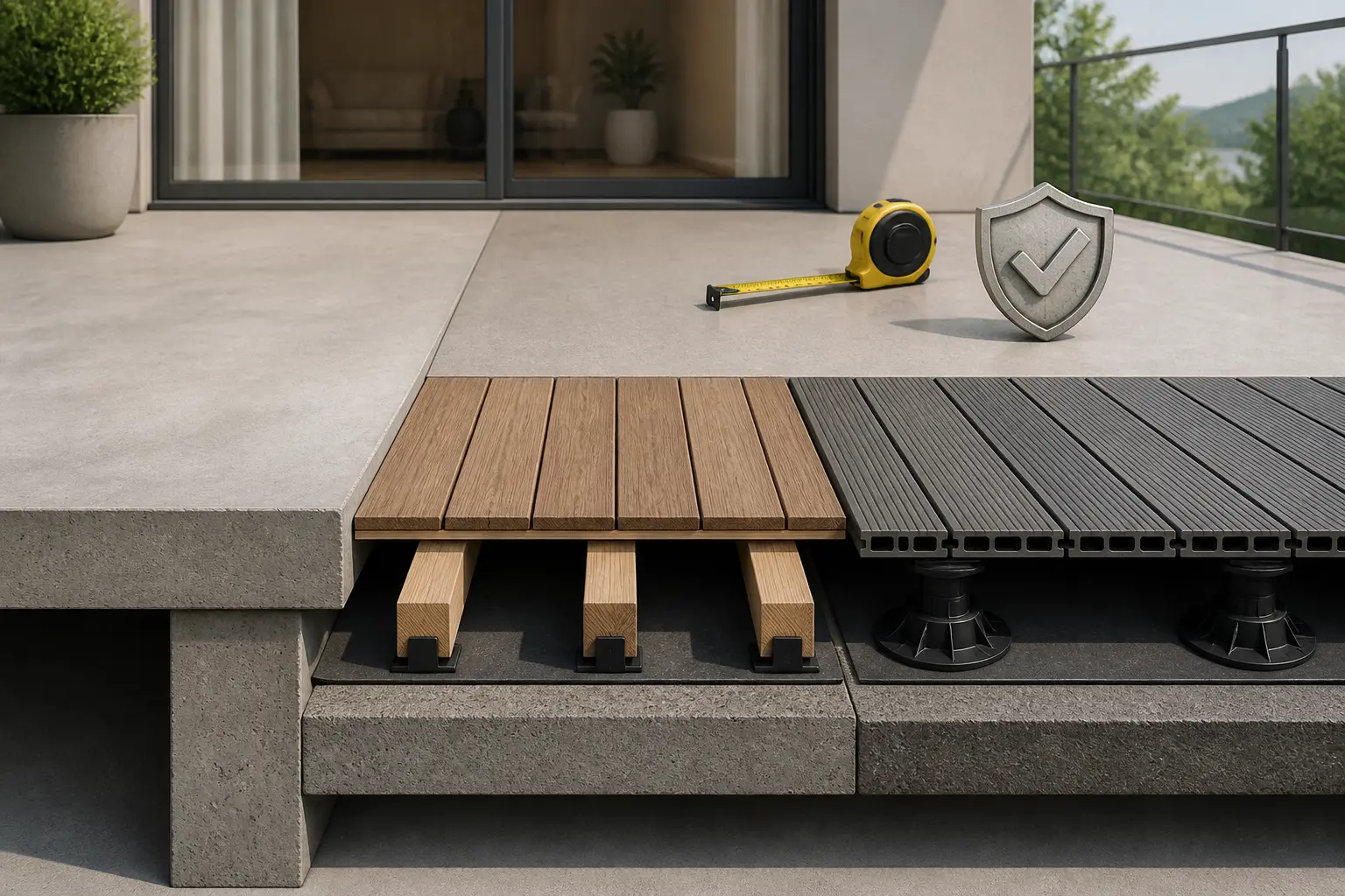 Pergola sur terrasse : coupe montrant dalle béton, bois sur lambourdes et composite sur supports, avec mètre.