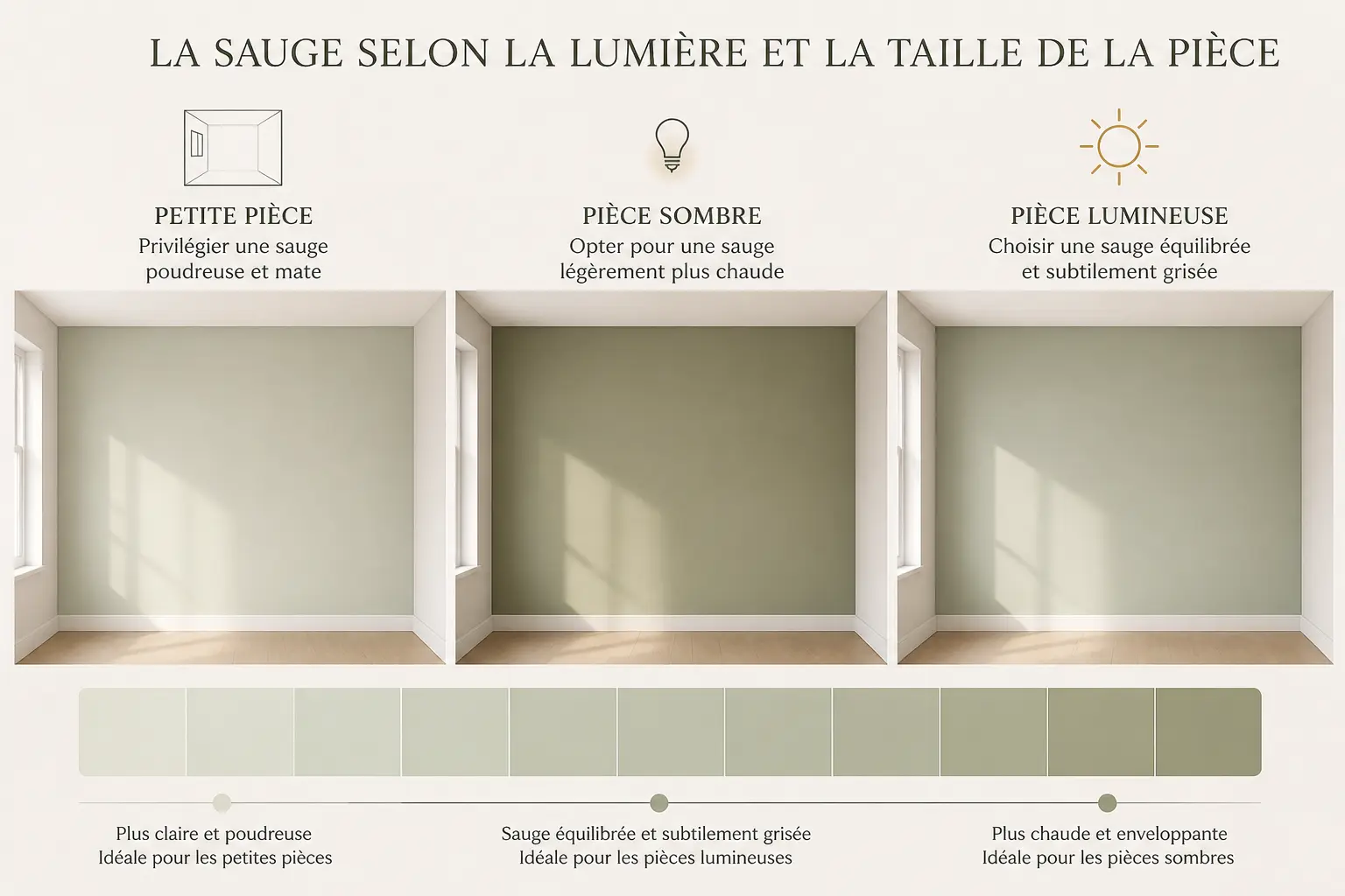 Chambre vert sauge et bois : infographie des nuances selon lumière, taille et usage de la chambre