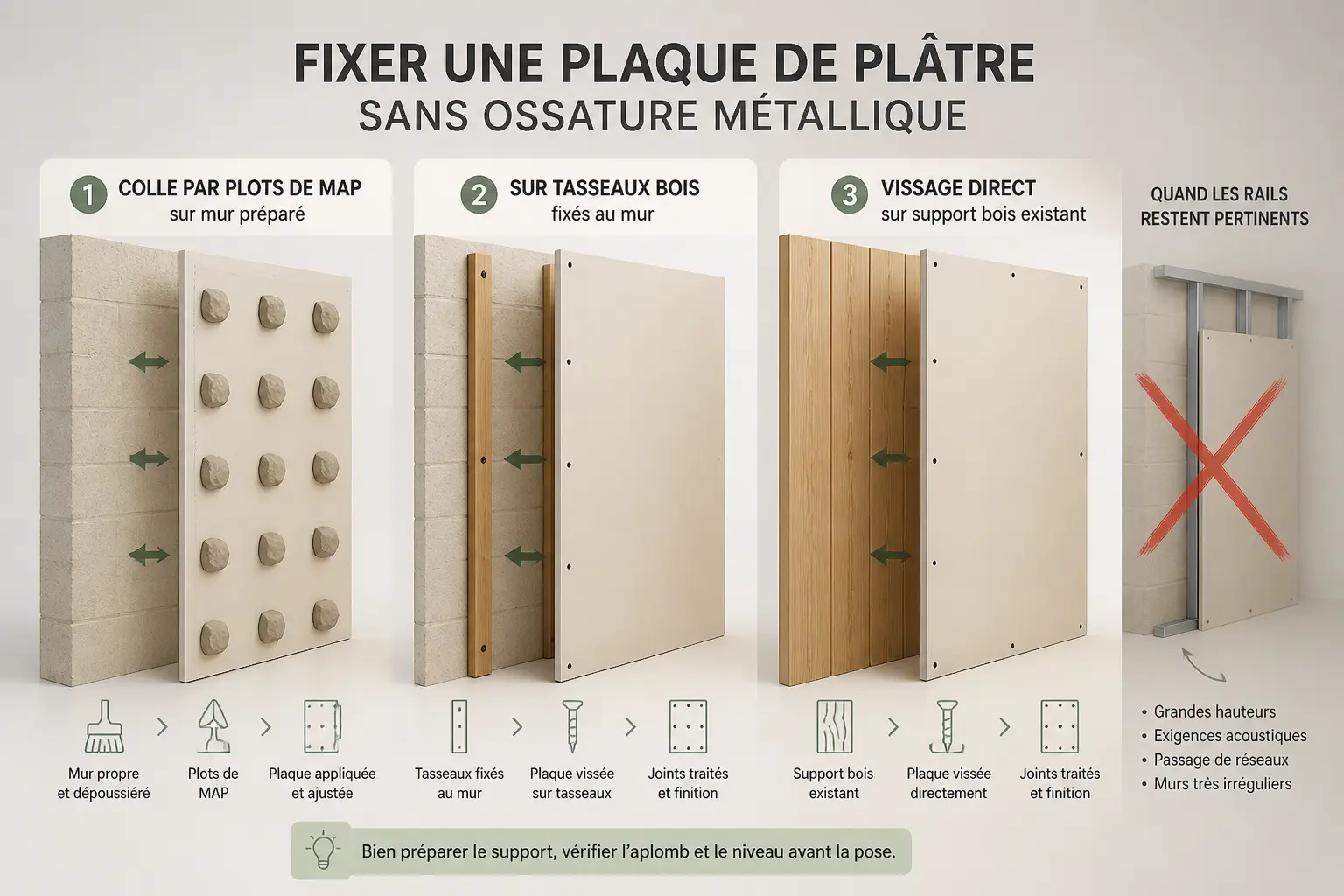 Coffrage placo sans rail : trois fixations du placo, plots de MAP, tasseaux bois et support bois.