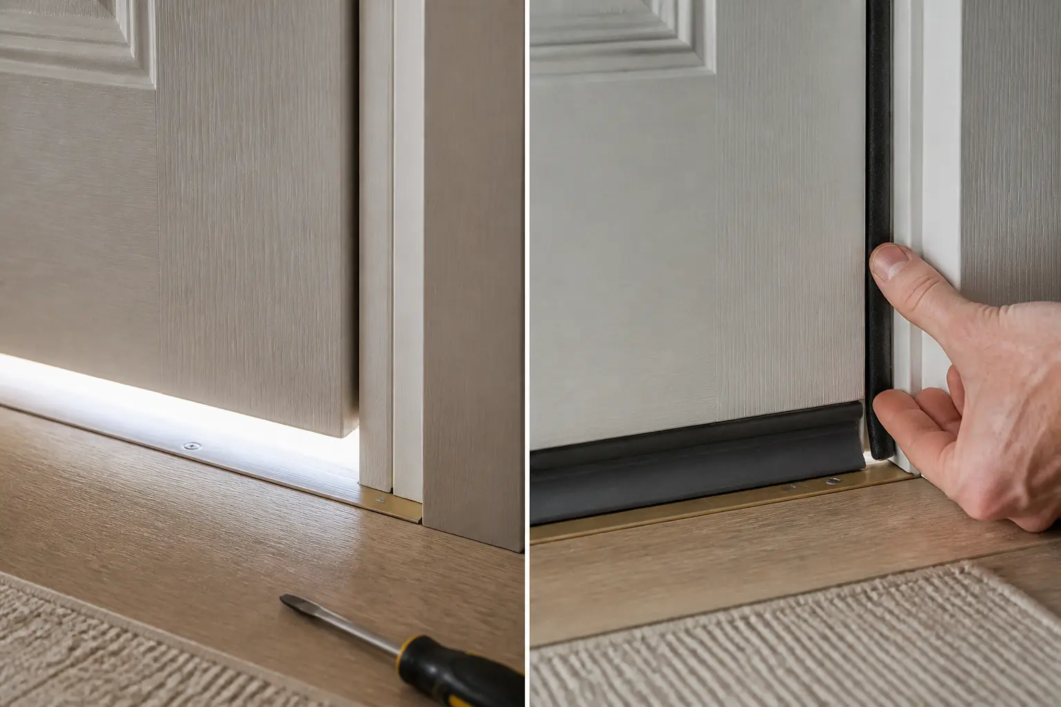 Isoler phoniquement une porte : pose d’un joint acoustique et d’un bas de porte sur une porte existante.