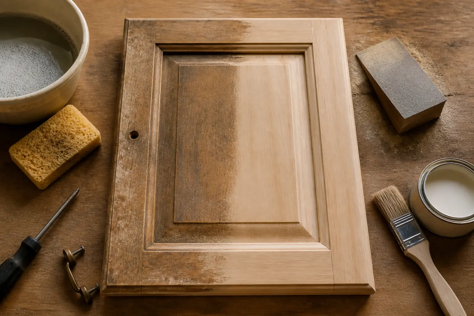 Meuble relooké avant apres : préparation d’un meuble en bois avec nettoyage, ponçage et apprêt