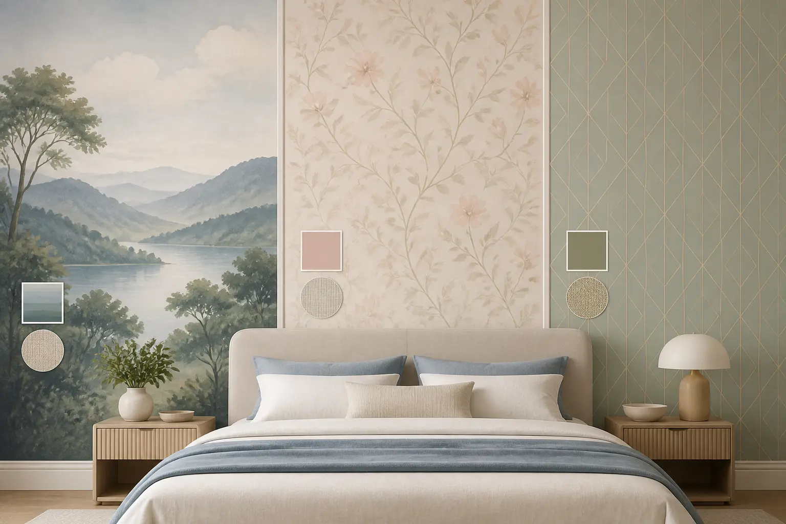 Papier peint tete de lit : trois motifs comparés au-dessus d’un lit, avec échantillons de couleurs.