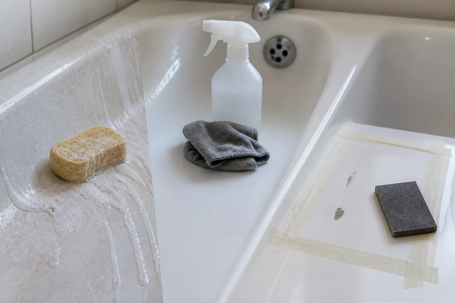 Préparer à peindre la baignoire : nettoyage, dégraissage et ponçage des éclats.