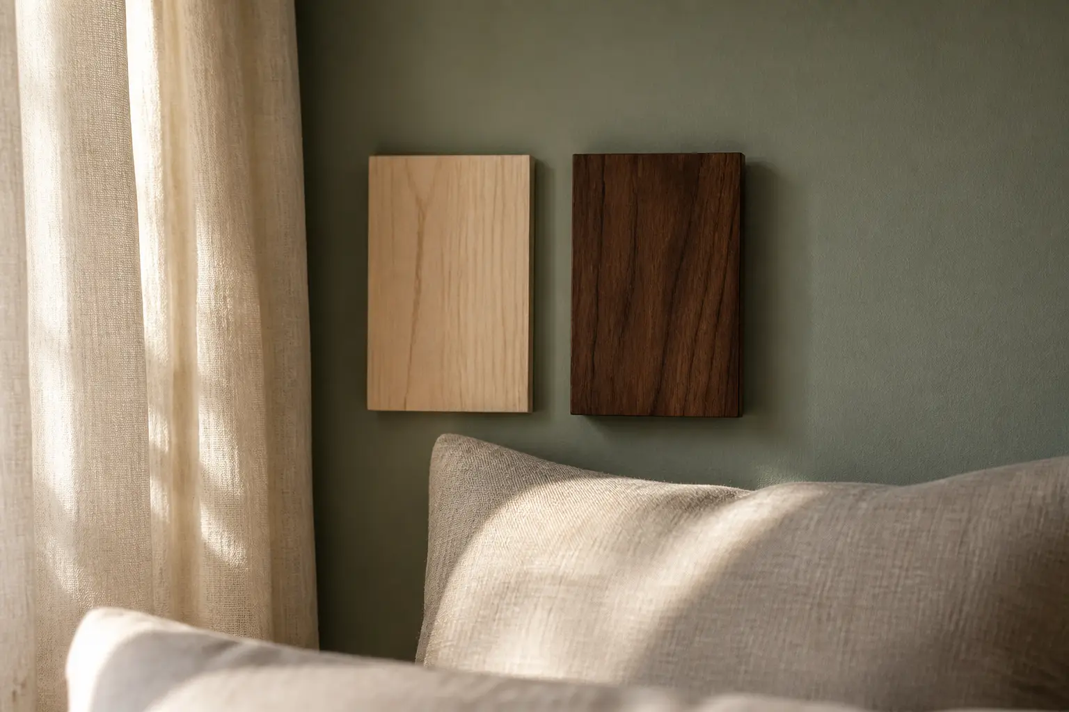 Chambre vert sauge et bois : comparaison de bois clair et noyer sur mur vert sauge