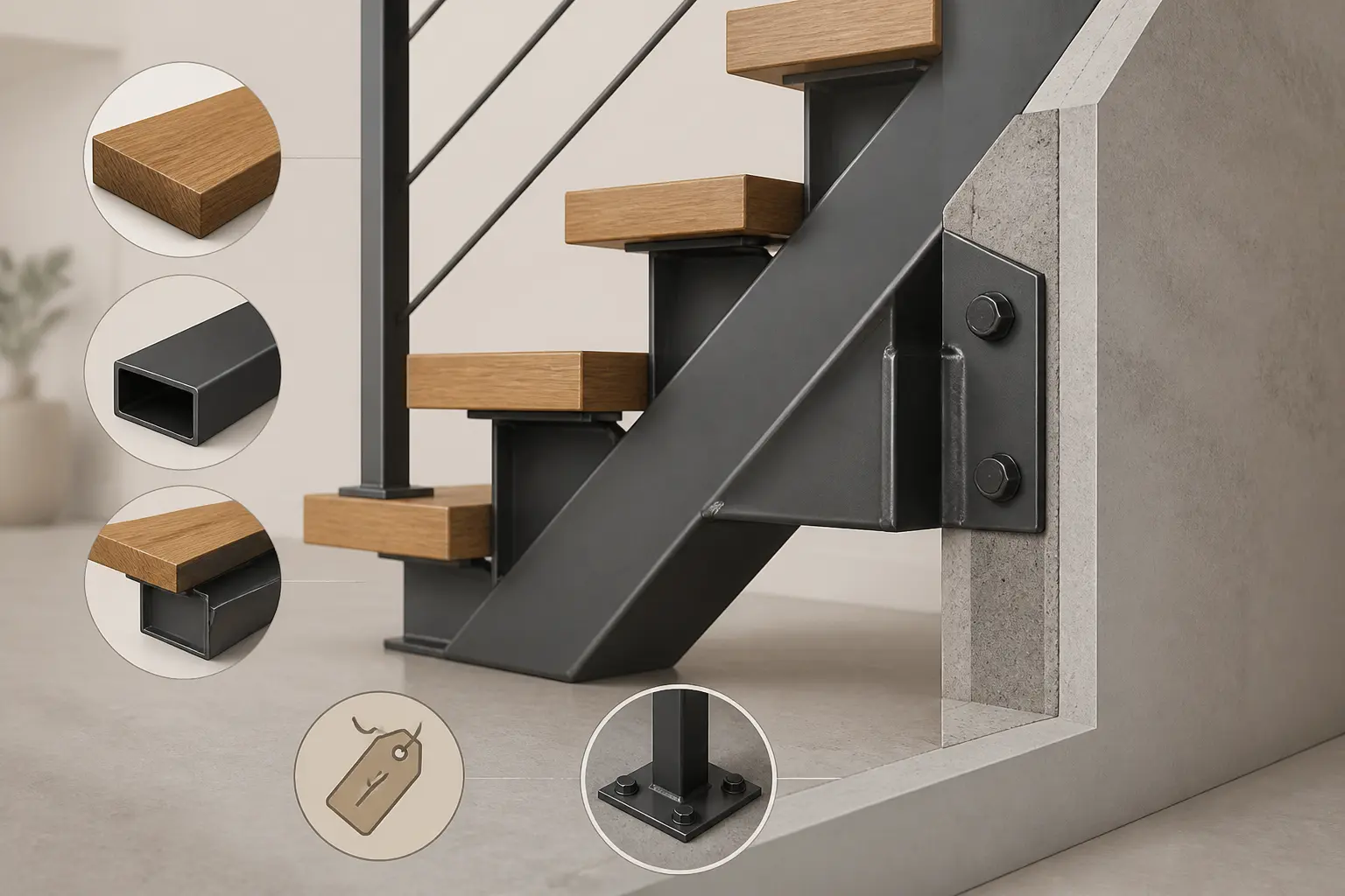 Gain de place escalier : coupe d’un escalier compact en bois et métal, avec fixation murale et repère de prix.