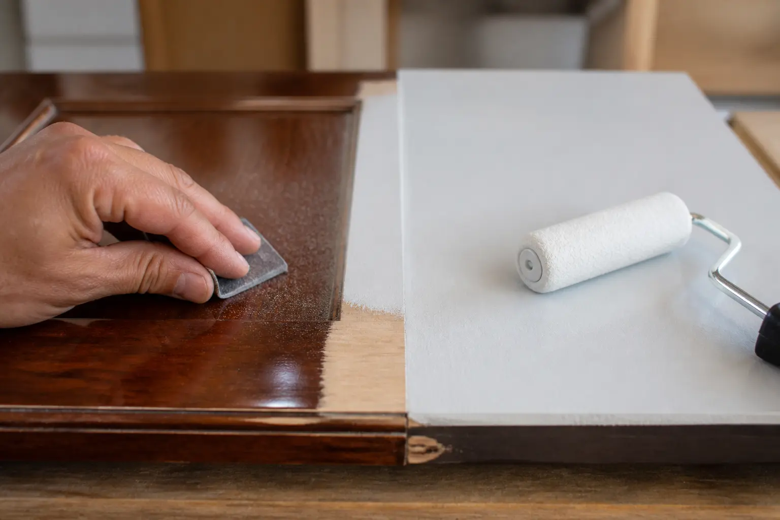 Meuble relooké avant apres : ponçage d’un vernis, primaire sur mélaminé et bois brut visible