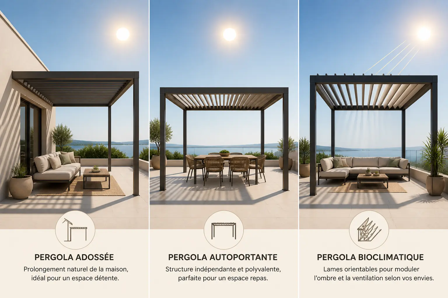 Pergola sur terrasse : comparaison d’une version adossée, autoportante et bioclimatique avec zones d’usage