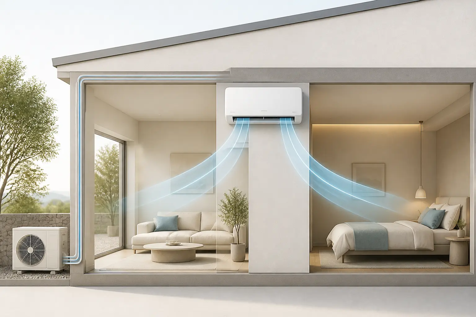 Prix d'une clim pour 100m2 : coupe d'une maison avec unité murale, deux pièces et unité extérieure.