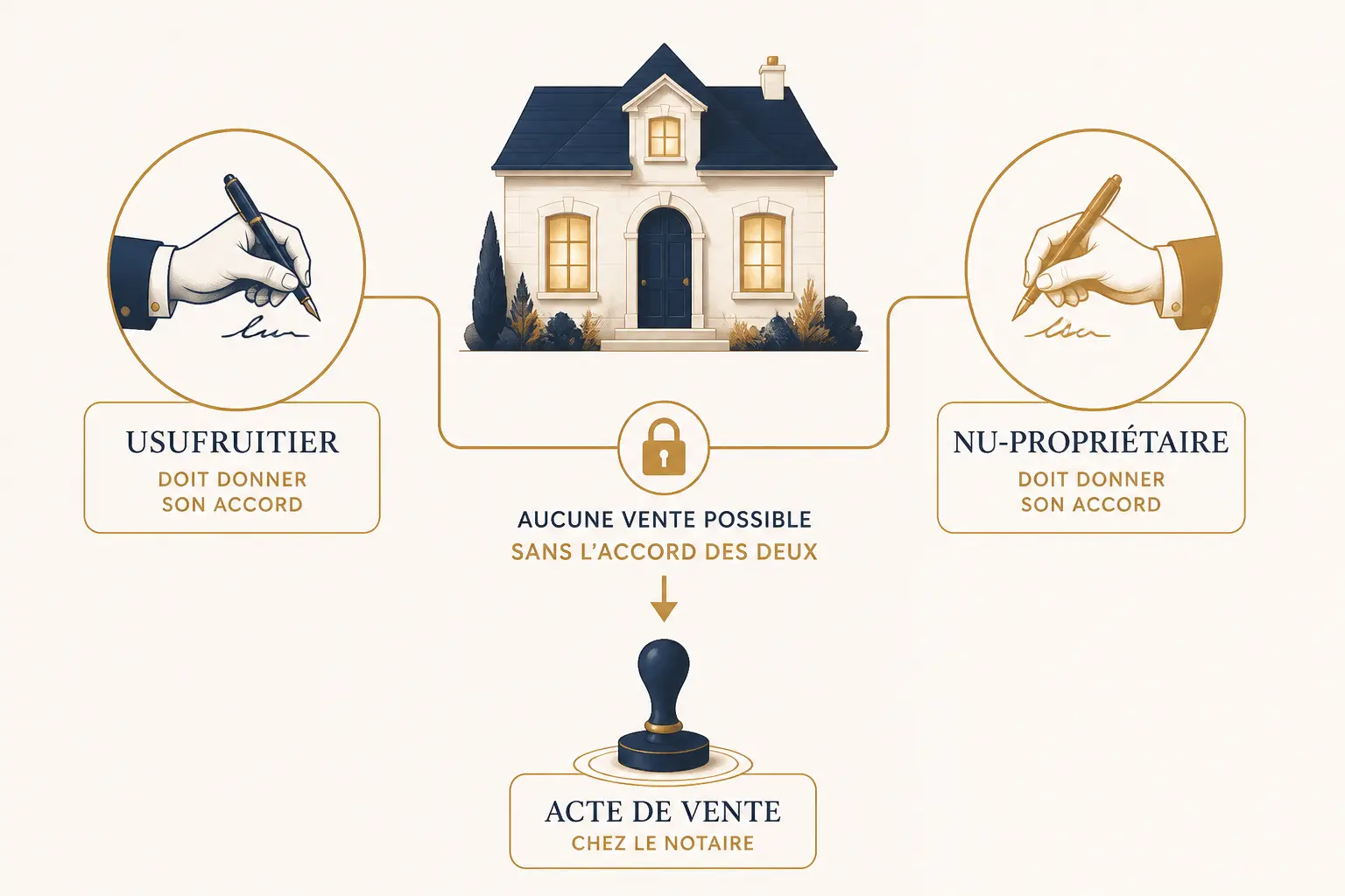 Vente avant décès de l'usufruitier : maison, signatures du usufruitier et du nu-propriétaire, cadenas et notaire